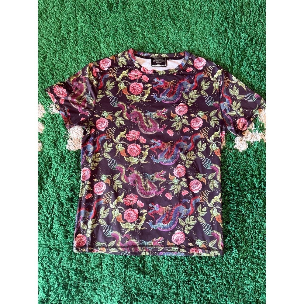 Creative Destruction Dragon Rose Print Short‎ Sleeve T Shirt Mens Medium